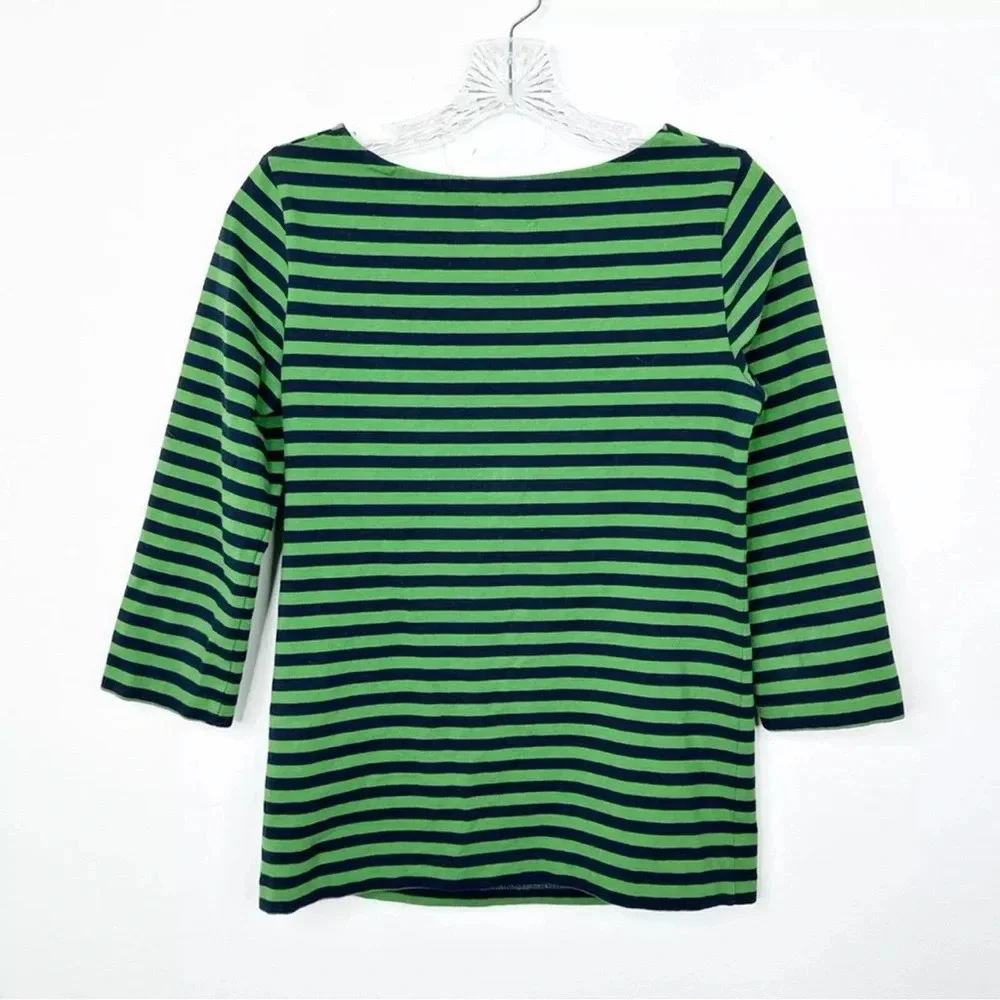 KATE SPADE Cameo Green and Navy Blue Striped Front Crinkle‎ Shirt Top Size XS